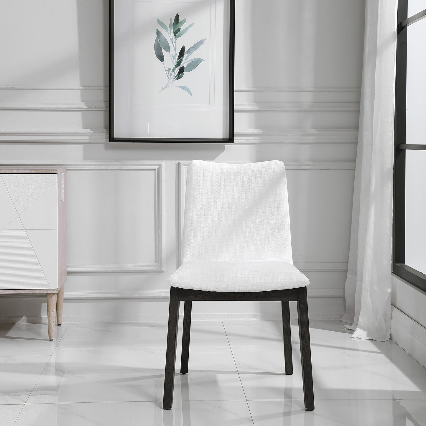 002 SR-860980 | Lifestyle | Delano Armless Chair (Set of 2) by Uttermost in white. Made from oak wood, bent wood, fabric, foam in a modern style.