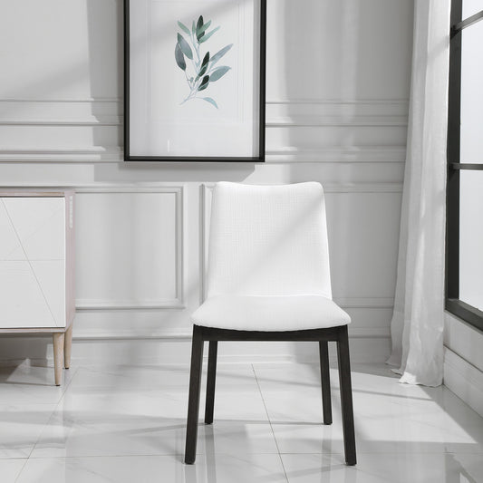 Delano Armless Chair by Uttermost in white. Made from oak wood, bent wood, fabric, foam in a modern style.