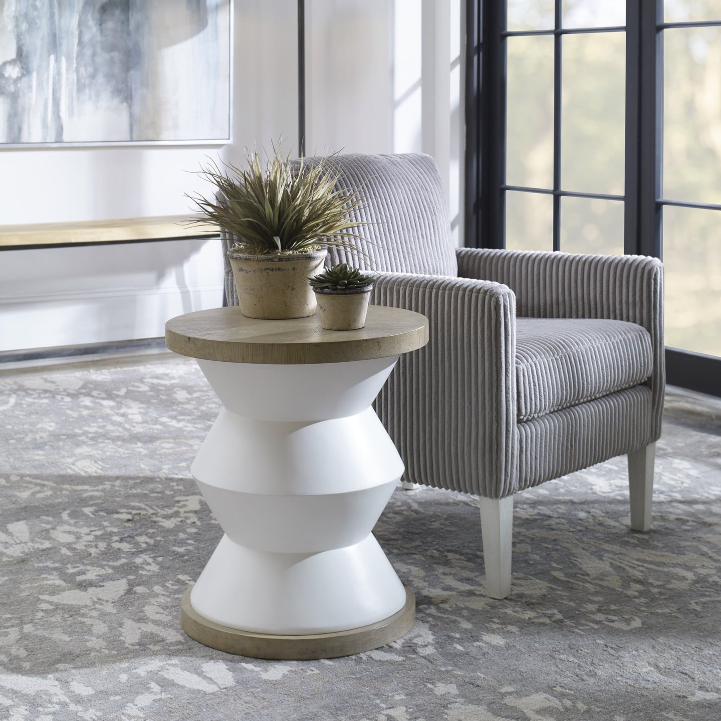 002 SR-897294 | Lifestyle | Spool Geometric Side Table by Uttermost. Made from mixed wood with tsca title vi, resin, veneer, plastic pipe in a eclectic & global style.