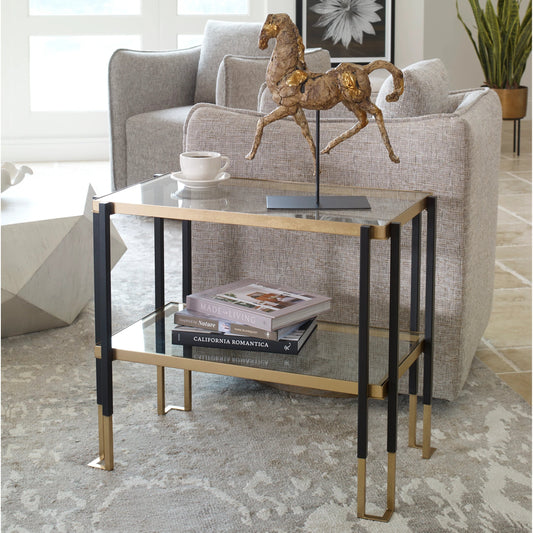 Kentmore Side Table by Uttermost in matte black, brushed gold. Made from iron, tempered glass in a transitional style.