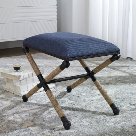 Firth Small Bench by Uttermost in navy. Made from iron, mdf, foam, rope, linen in a coastal style.