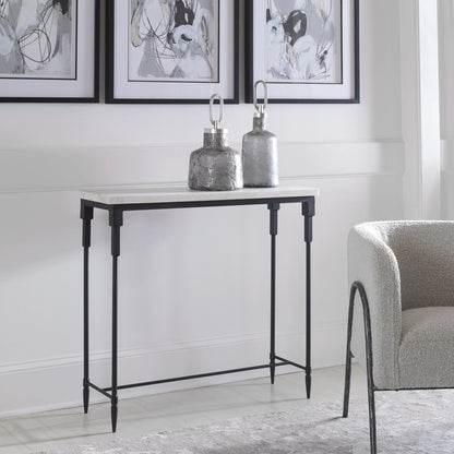 Bourges Console Table by Uttermost in white, satin black. Made from marble, iron in a transitional style.