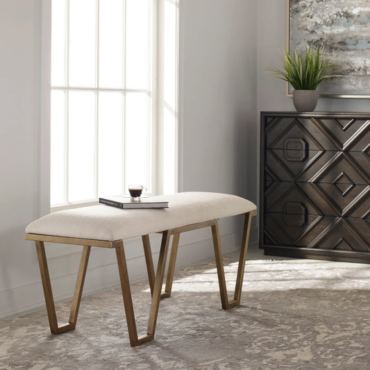 Farrah Bench by Uttermost in antique gold leaf. Made from iron, mdf, polyester, foam in a modern style.