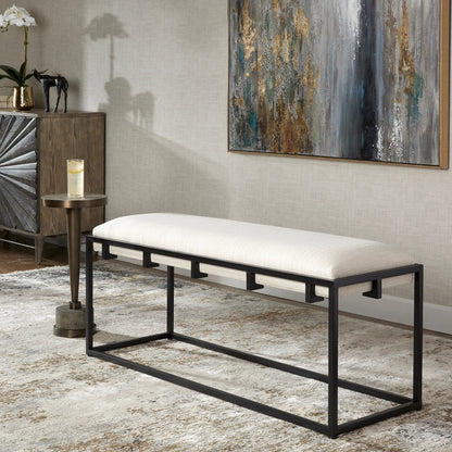 Paradox Bench by Uttermost in matte black. Made from iron, mdf, polyester, foam in a transitional style.
