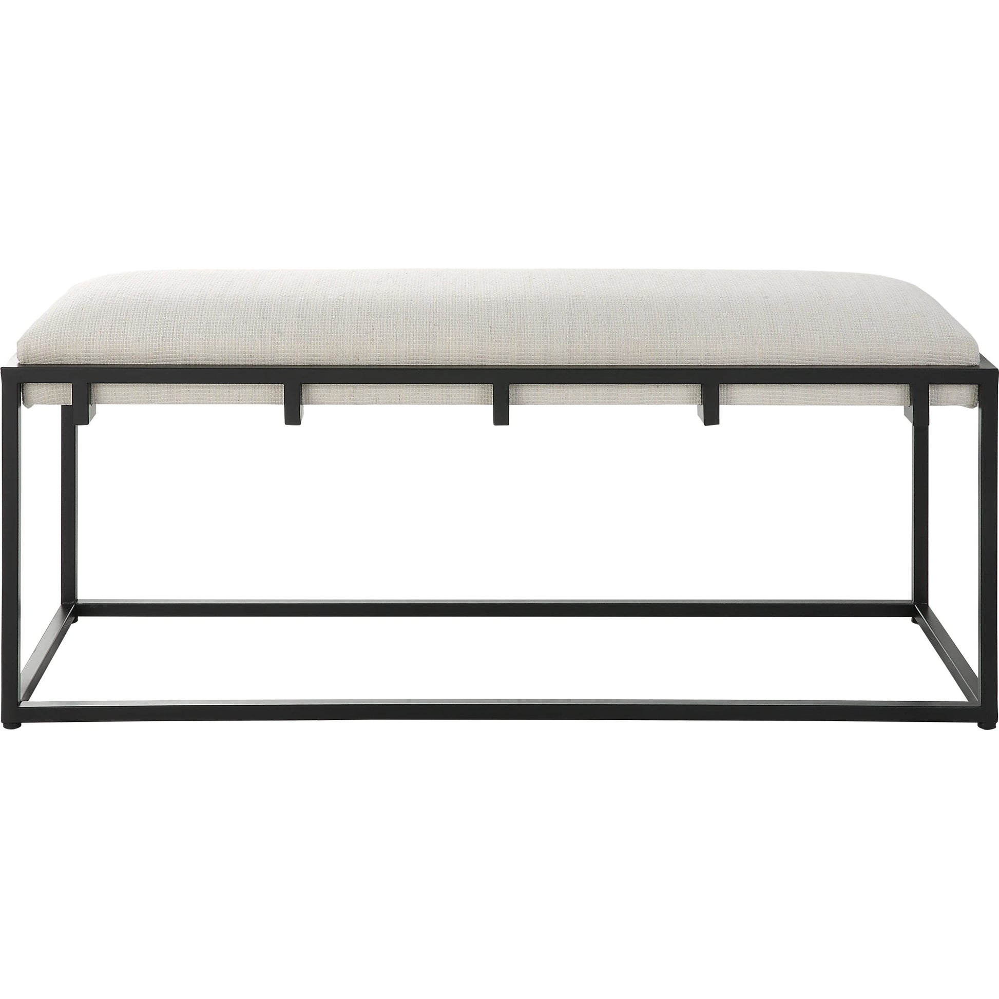 Paradox Bench by Uttermost in matte black. Made from iron, mdf, polyester, foam in a transitional style.