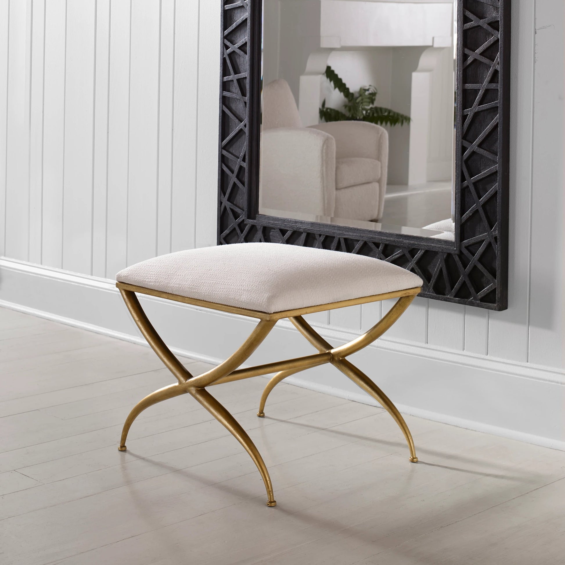 Crossing Bench by Uttermost in gold. Made from foam, fabric, iron, mdf in a transitional style.