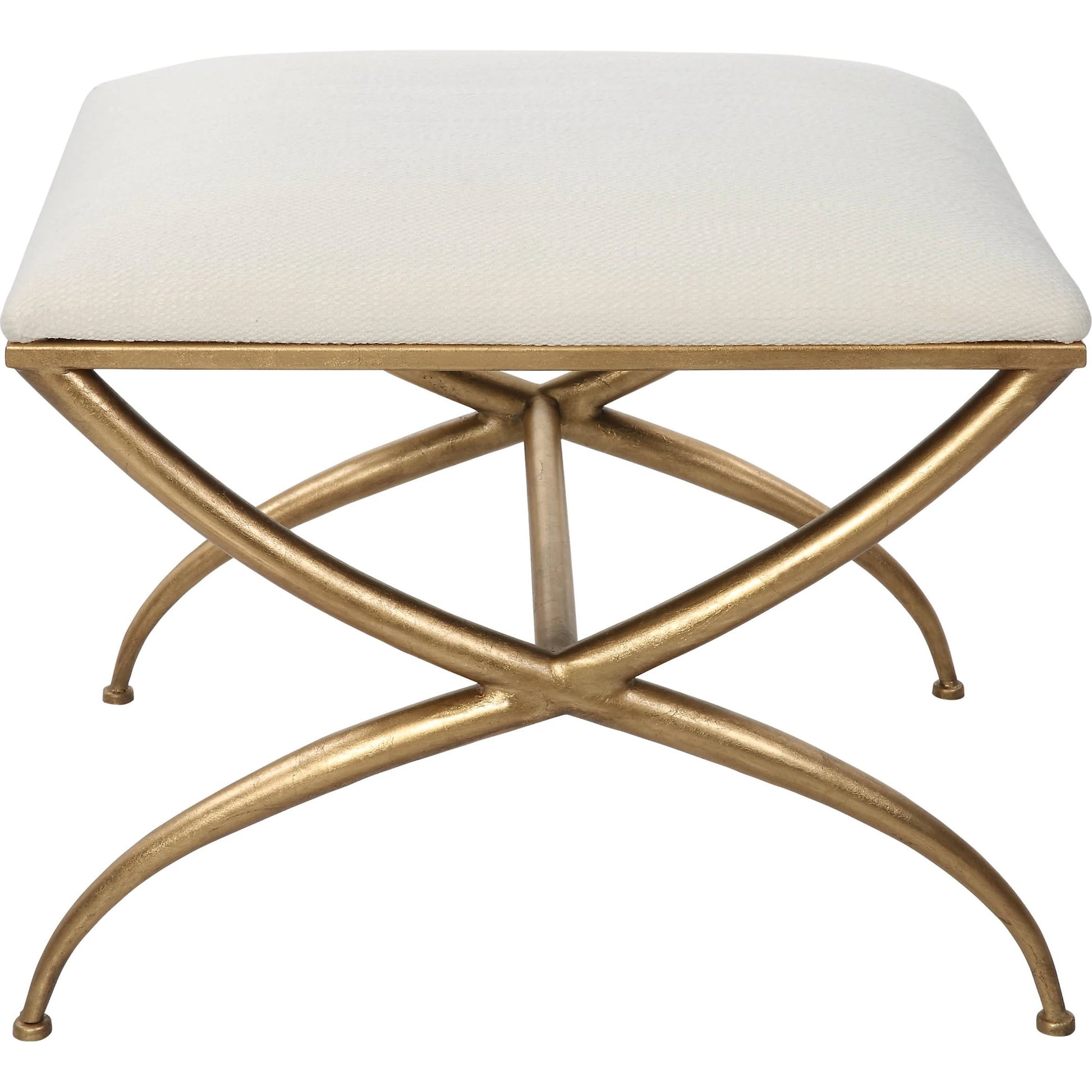 Crossing Bench by Uttermost in gold. Made from foam, fabric, iron, mdf in a transitional style.