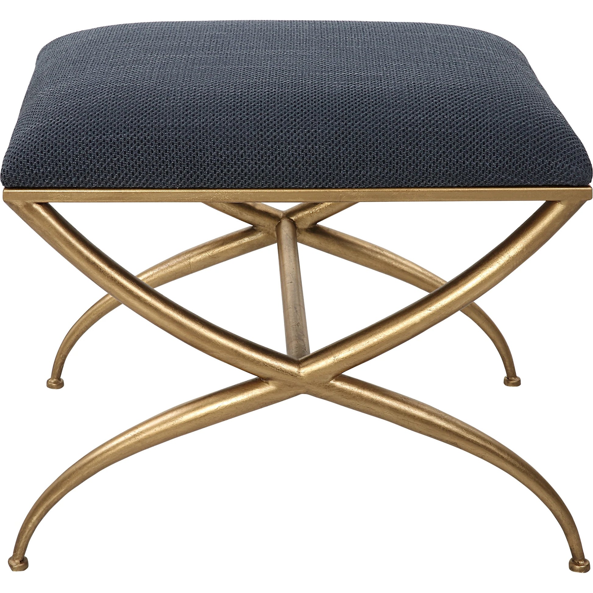 Crossing Bench by Uttermost in gold. Made from foam, fabric, iron, mdf in a transitional style.