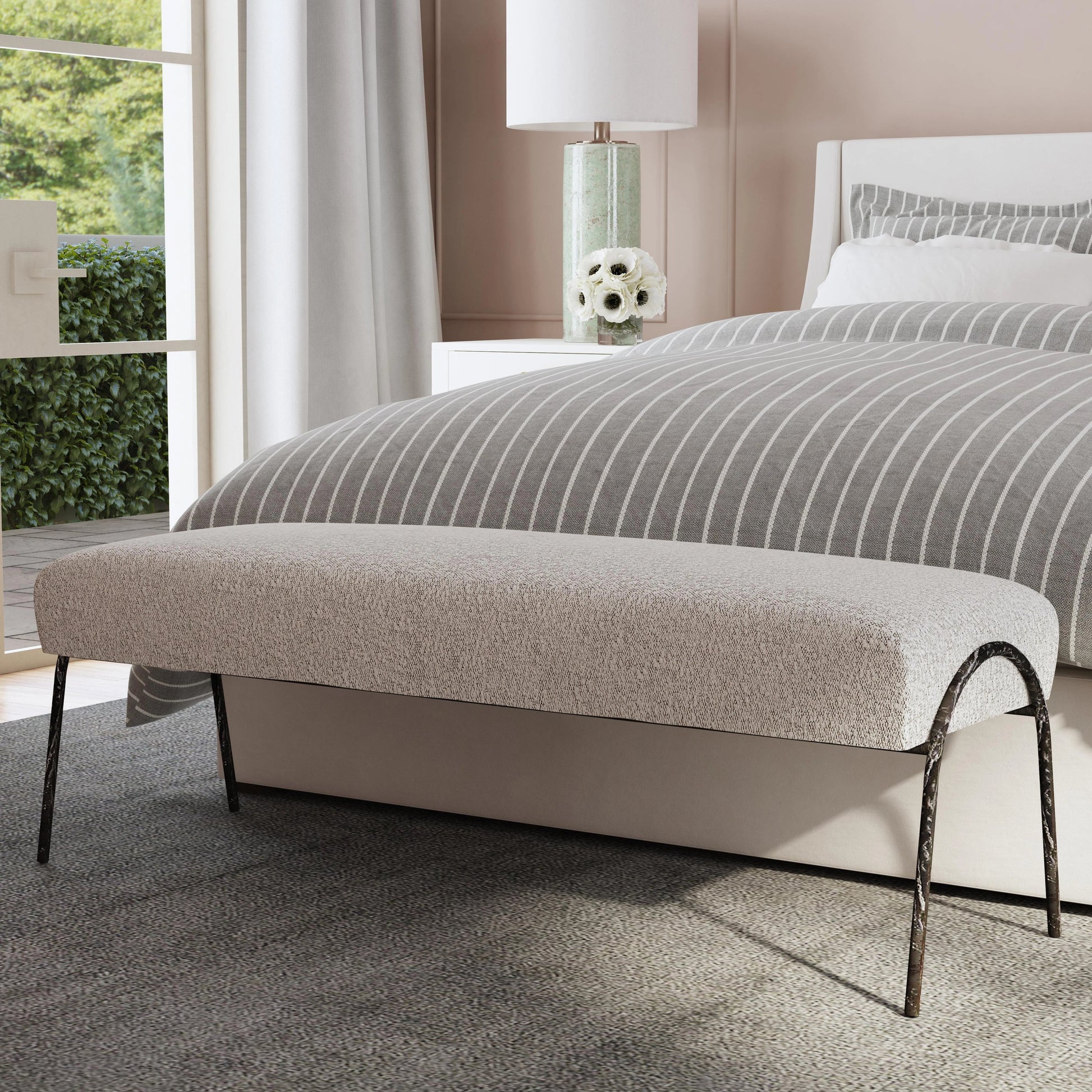 Jacobsen Bench by Uttermost in ivory, warm gray. Made from fabric, foam, plywood, iron in a modern style.