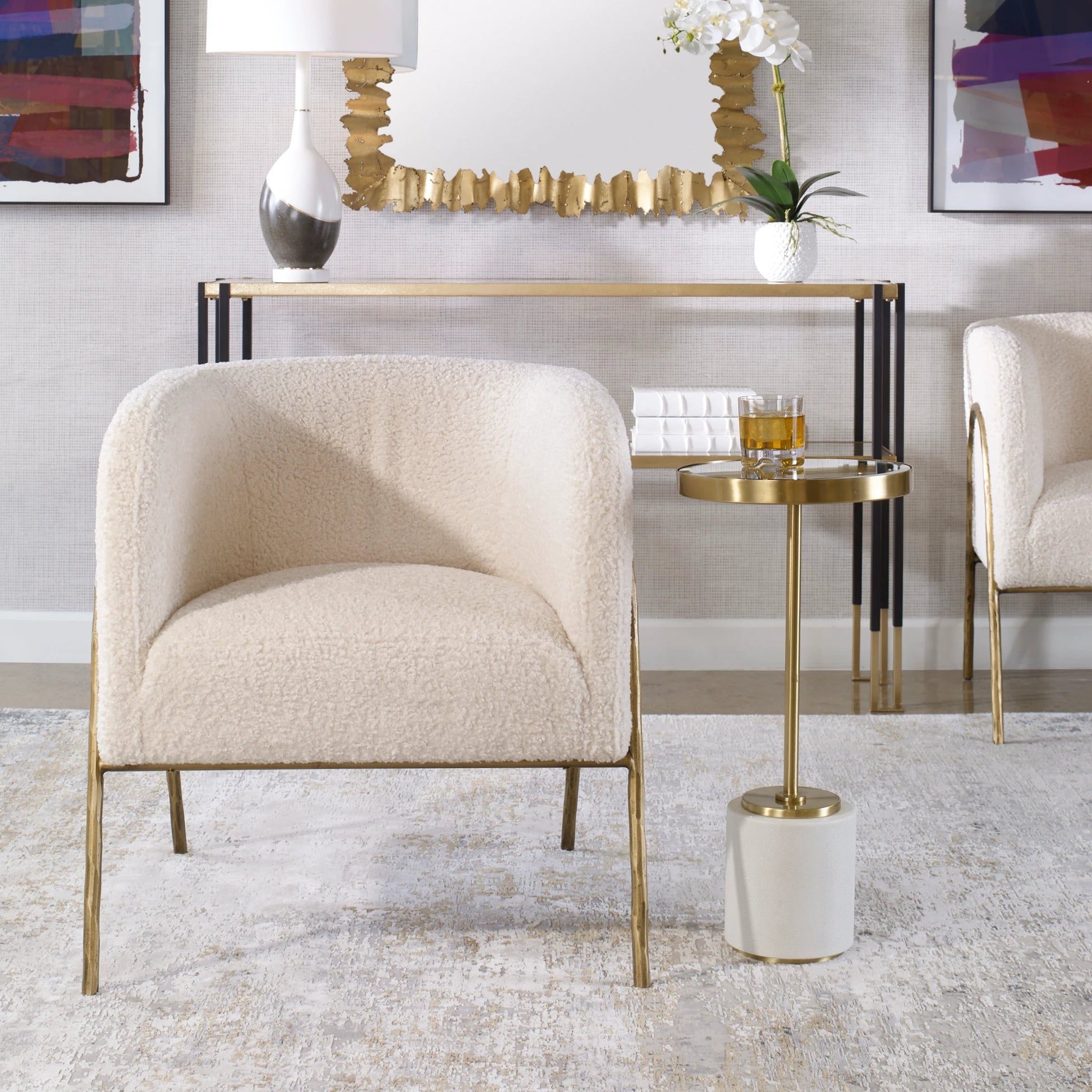Jacobsen Shearling Accent Chair by Uttermost. Made from fabric, foam, plywood, iron in a modern style.