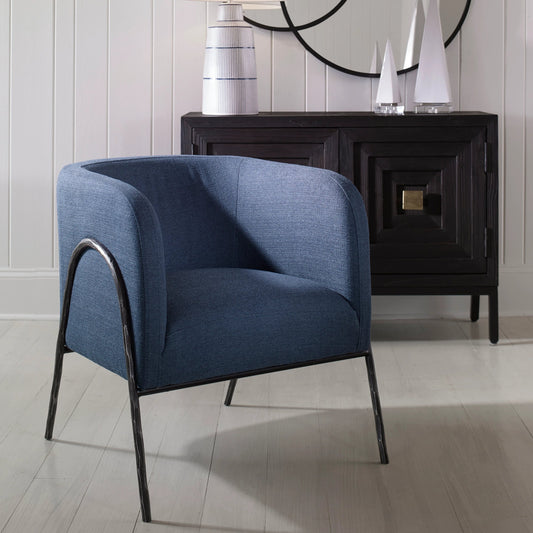 Jacobsen Denim Accent Chair by Uttermost in blue denim and blue denim. Made from fabric, foam, plywood, iron in a modern style.