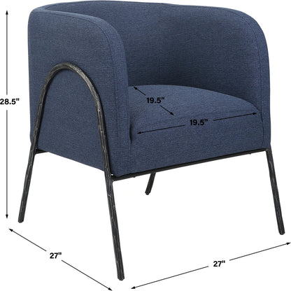 Jacobsen Denim Accent Chair by Uttermost in blue denim and blue denim. Made from fabric, foam, plywood, iron in a modern style.