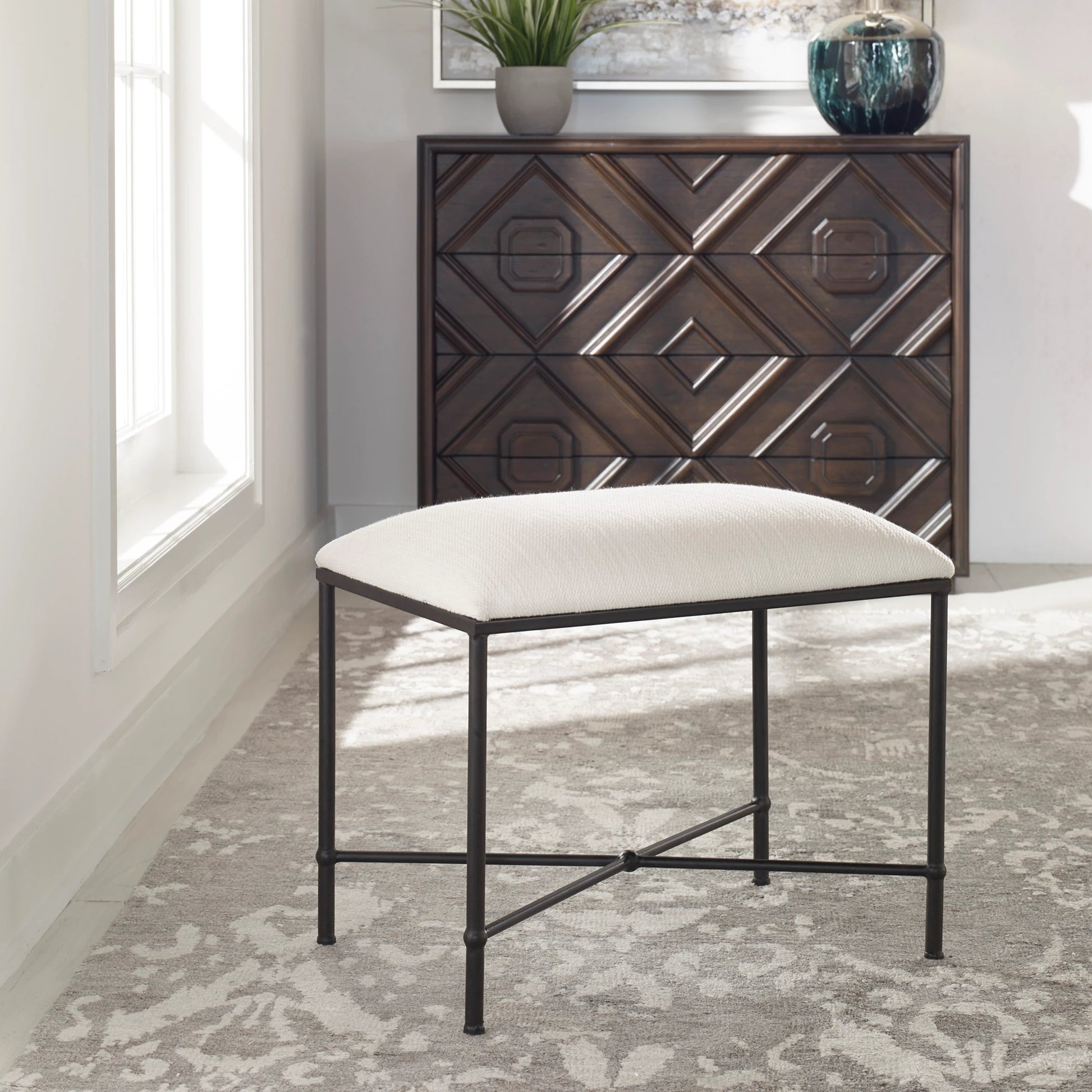 Avenham Small Bench by Uttermost. Made from foam, fabric, mdf, iron in a modern style.