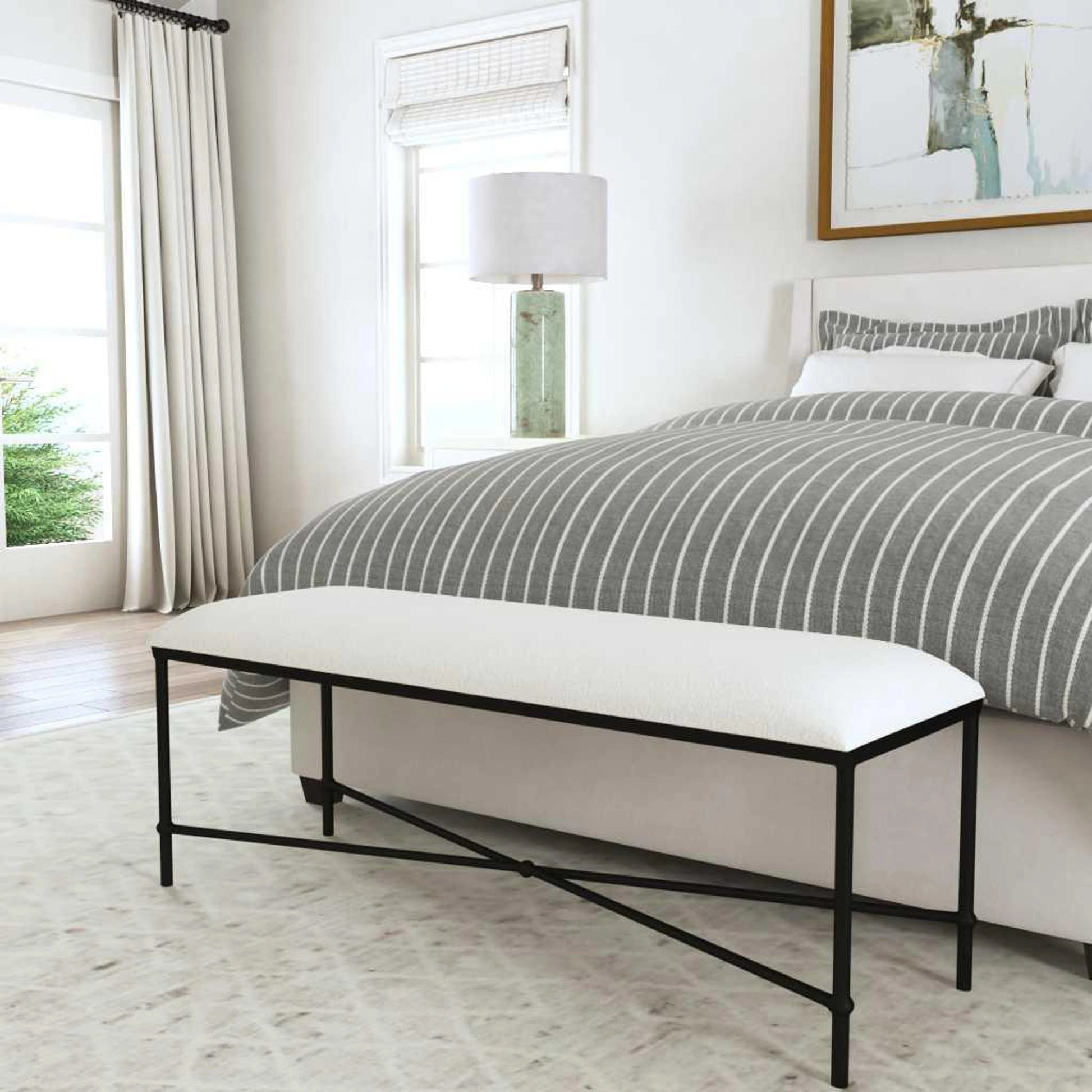 Avenham Bench by Uttermost in satin black. Made from foam, fabric, mdf, iron in a coastal style.