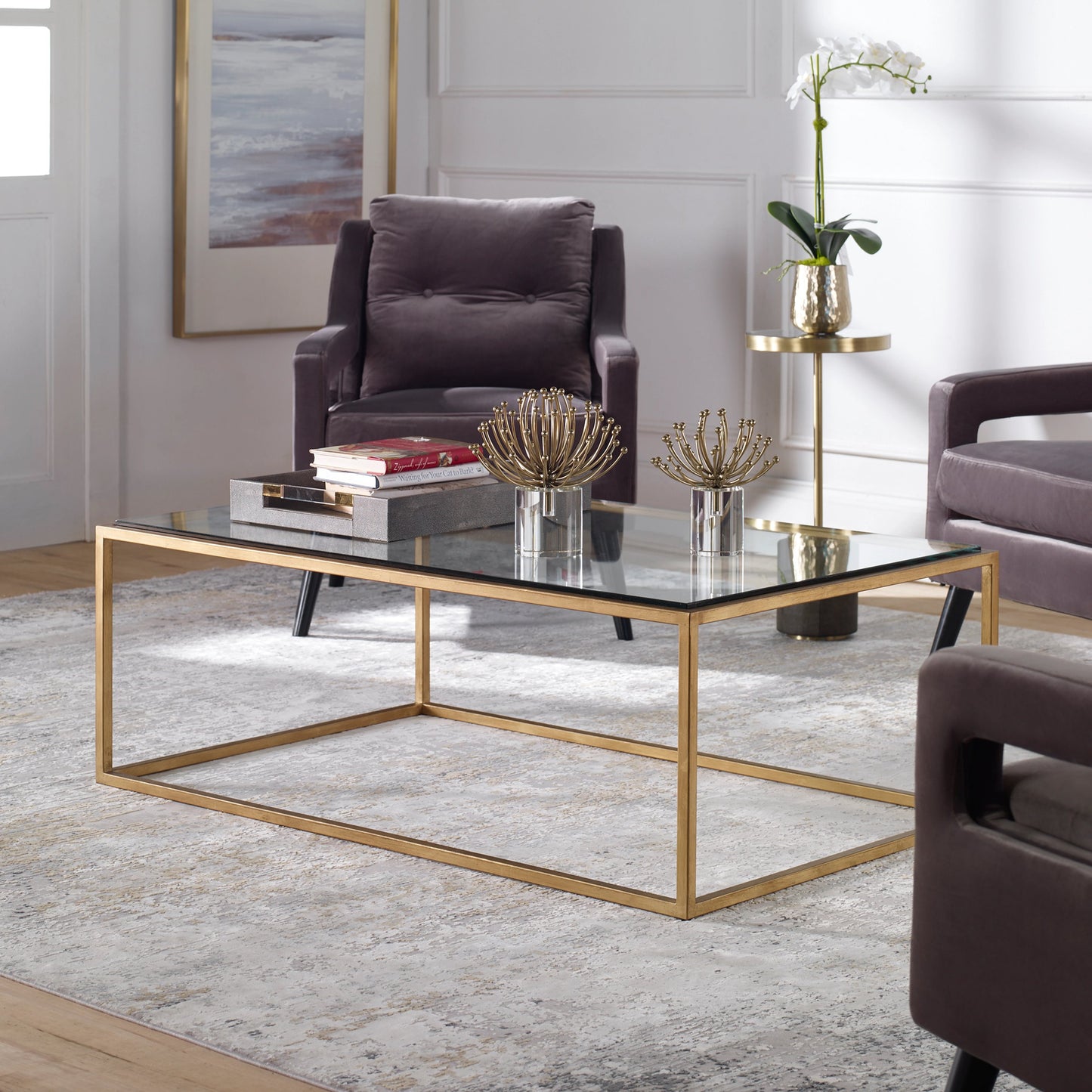 010 SI-1923710 | Lifestyle | Bravura Coffee Table by Uttermost. Made from iron, tempered glass in a modern style.