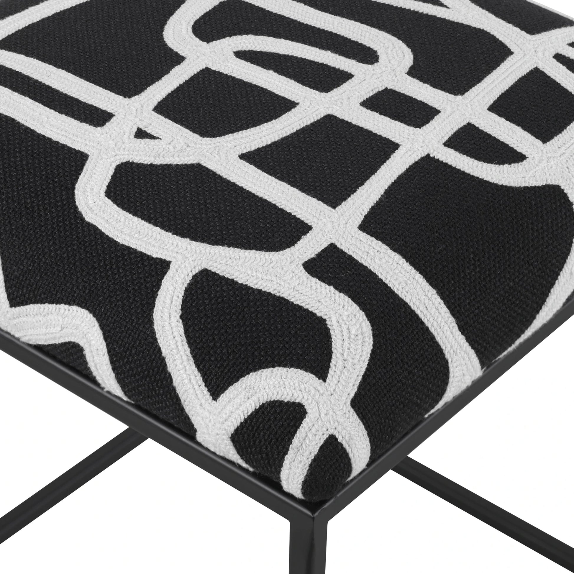 Twists and Turns Accent Stool by Uttermost in matte black. Made from iron, mdf, foam, polyester in a modern style.