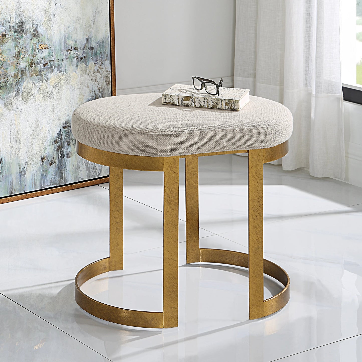 007 SI-1923683 | Lifestyle | Infinity Accent Stool by Uttermost in gold. Made from metal, mdf, foam, fabric in a modern style.