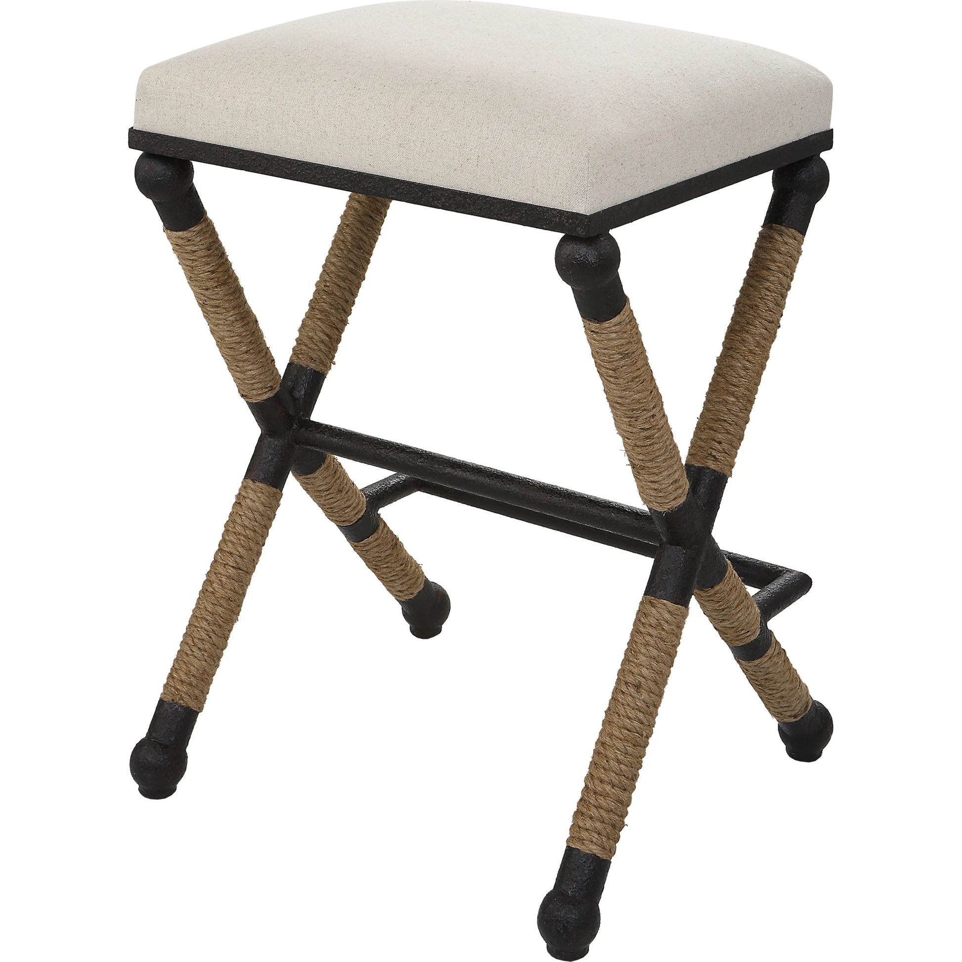 Firth Rustic Oatmeal Counter Stool by Uttermost in black, natural. Made from mdf, farbic, iron, foam, rope in a coastal style.