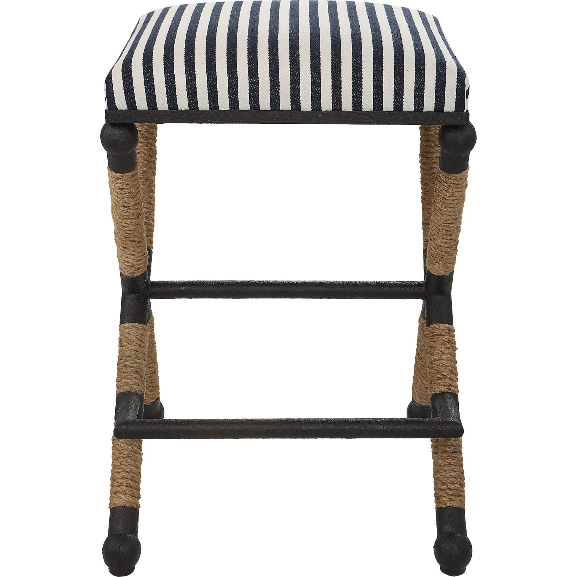 Braddock Counter Stool by Uttermost in navy, cream and iron. Made from mdf, farbic, iron, foam, rope in a coastal style.