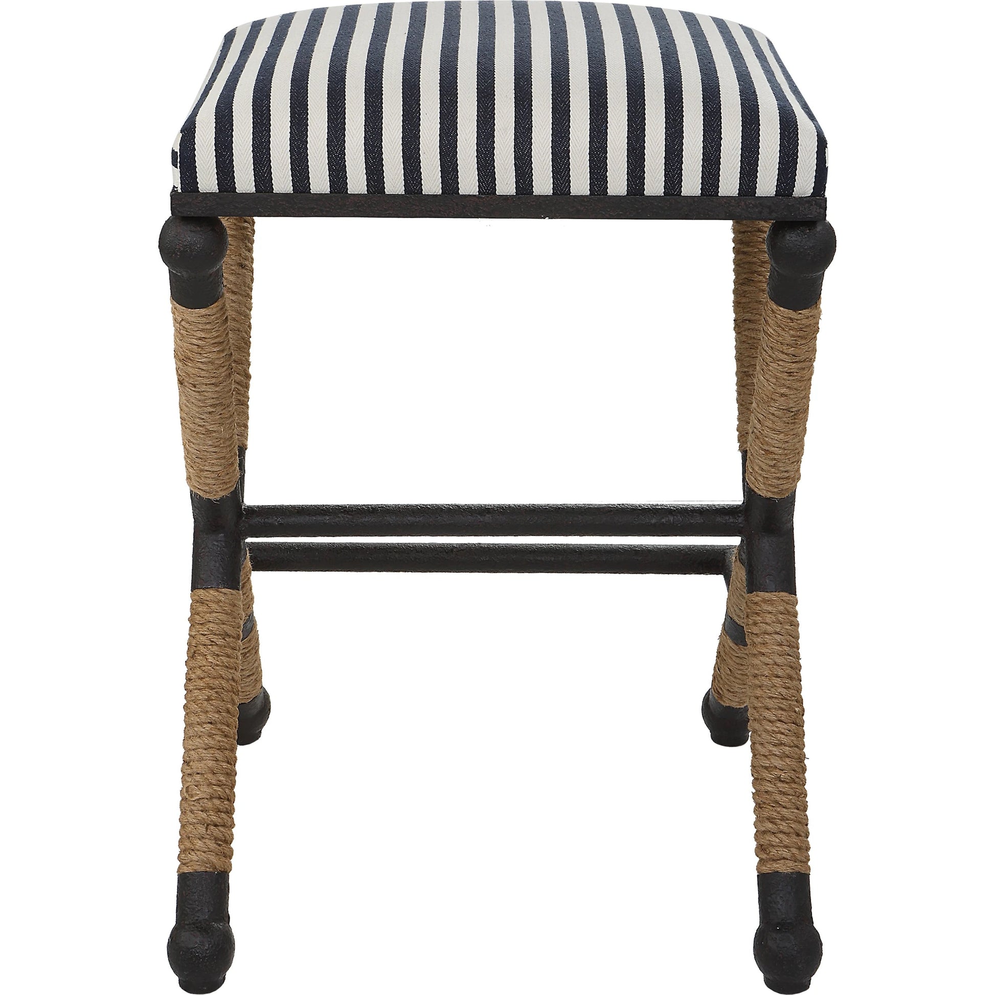 Braddock Counter Stool by Uttermost in navy, cream and iron. Made from mdf, farbic, iron, foam, rope in a coastal style.