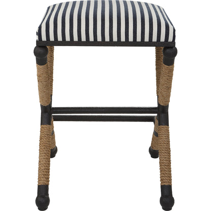 Braddock Counter Stool by Uttermost in navy, cream and iron. Made from mdf, farbic, iron, foam, rope in a coastal style.