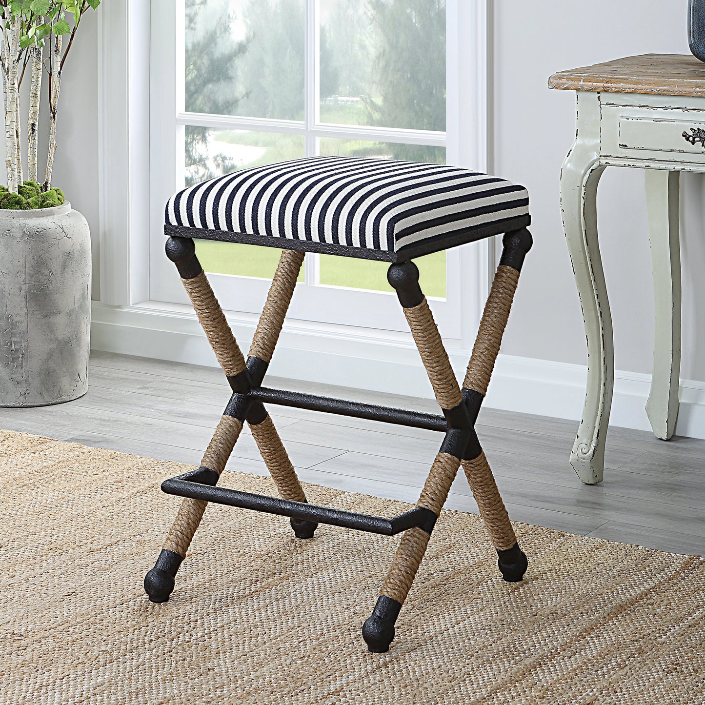 013 SI-1923688 | Lifestyle | Braddock Counter Stool by Uttermost in navy, cream and iron. Made from mdf, farbic, iron, foam, rope in a coastal style.