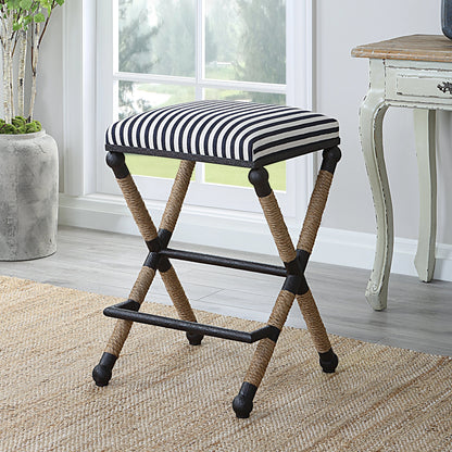 Braddock Counter Stool by Uttermost in navy, cream and iron. Made from mdf, farbic, iron, foam, rope in a coastal style.