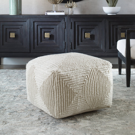 Sovanna Geometric Pouf by Uttermost in ivory. Made from wool, polystyrene, cotton in a modern style.