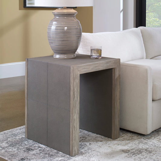 Aerina Modern End Table by Uttermost in gray. Made from mix wood with tsca title vi, faux shagreen, veneer in a modern style.
