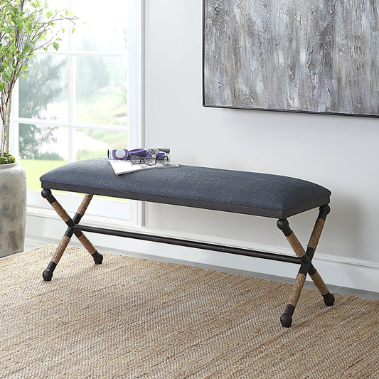 Firth Rustic Navy Bench by Uttermost in black, natural. Made from mdf, foam, fabric, iron, rope in a coastal style.