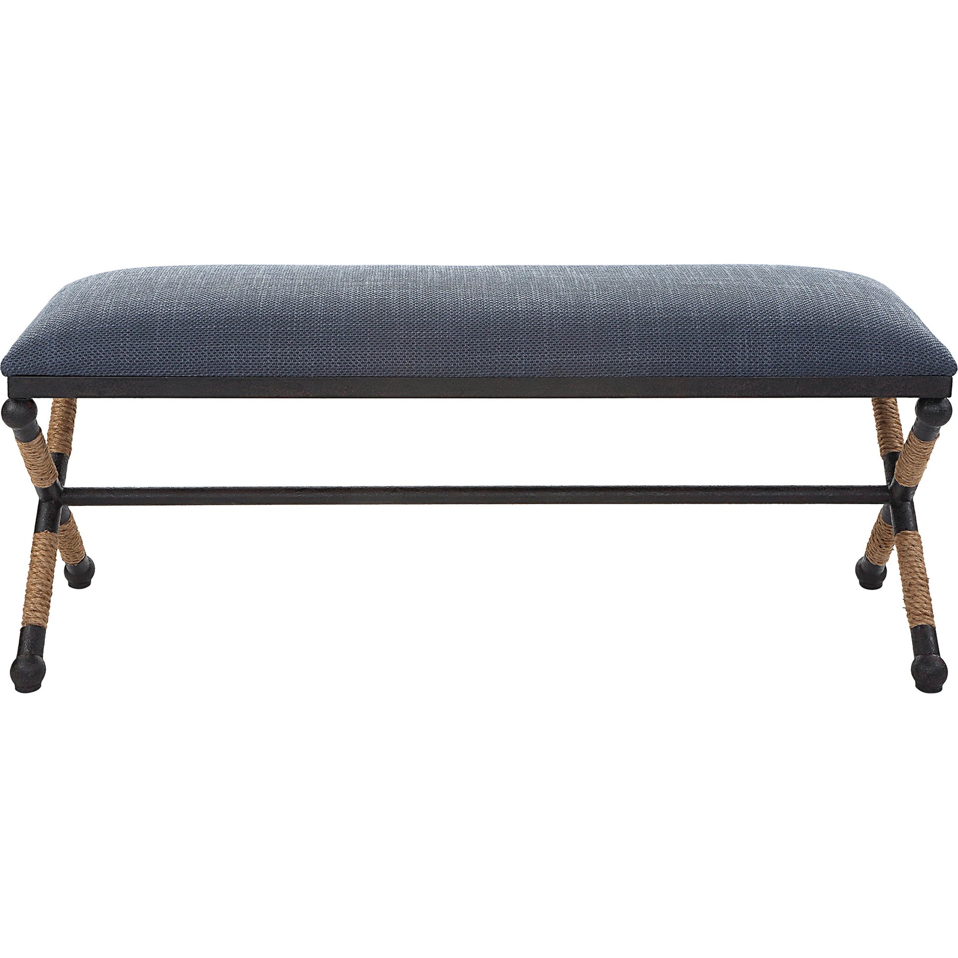 Firth Rustic Navy Bench by Uttermost in black, natural. Made from mdf, foam, fabric, iron, rope in a coastal style.