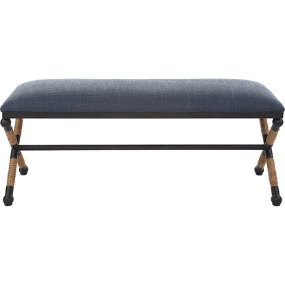 Firth Rustic Navy Bench by Uttermost in black, natural. Made from mdf, foam, fabric, iron, rope in a coastal style.