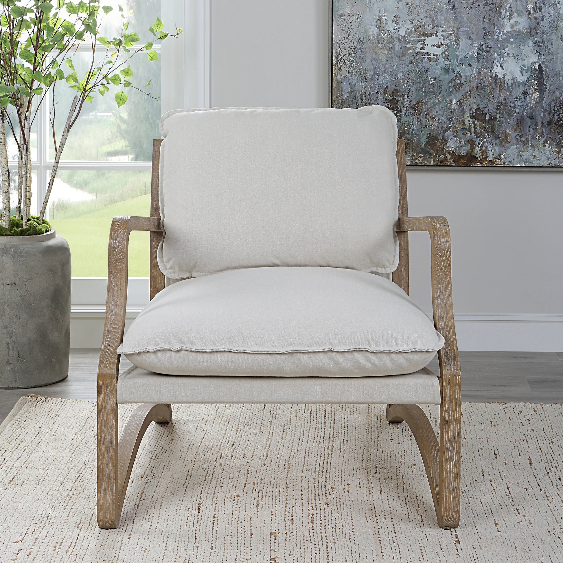 Melora Accent Chair by Uttermost in ceruse oak. Made from oak solid wood, fabric, metal, foam in a modern style.