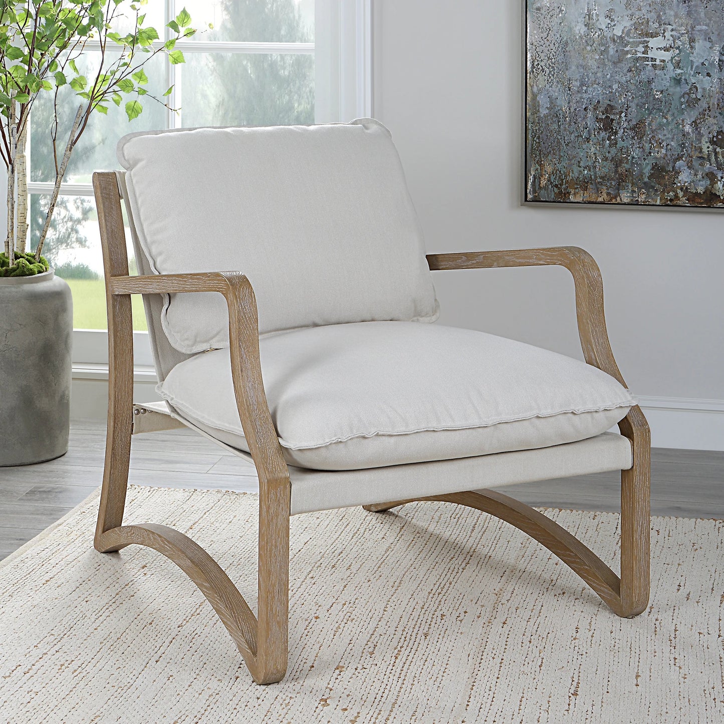 003 SI-1923689 | Lifestyle | Melora Accent Chair by Uttermost in ceruse oak. Made from oak solid wood, fabric, metal, foam in a modern style.