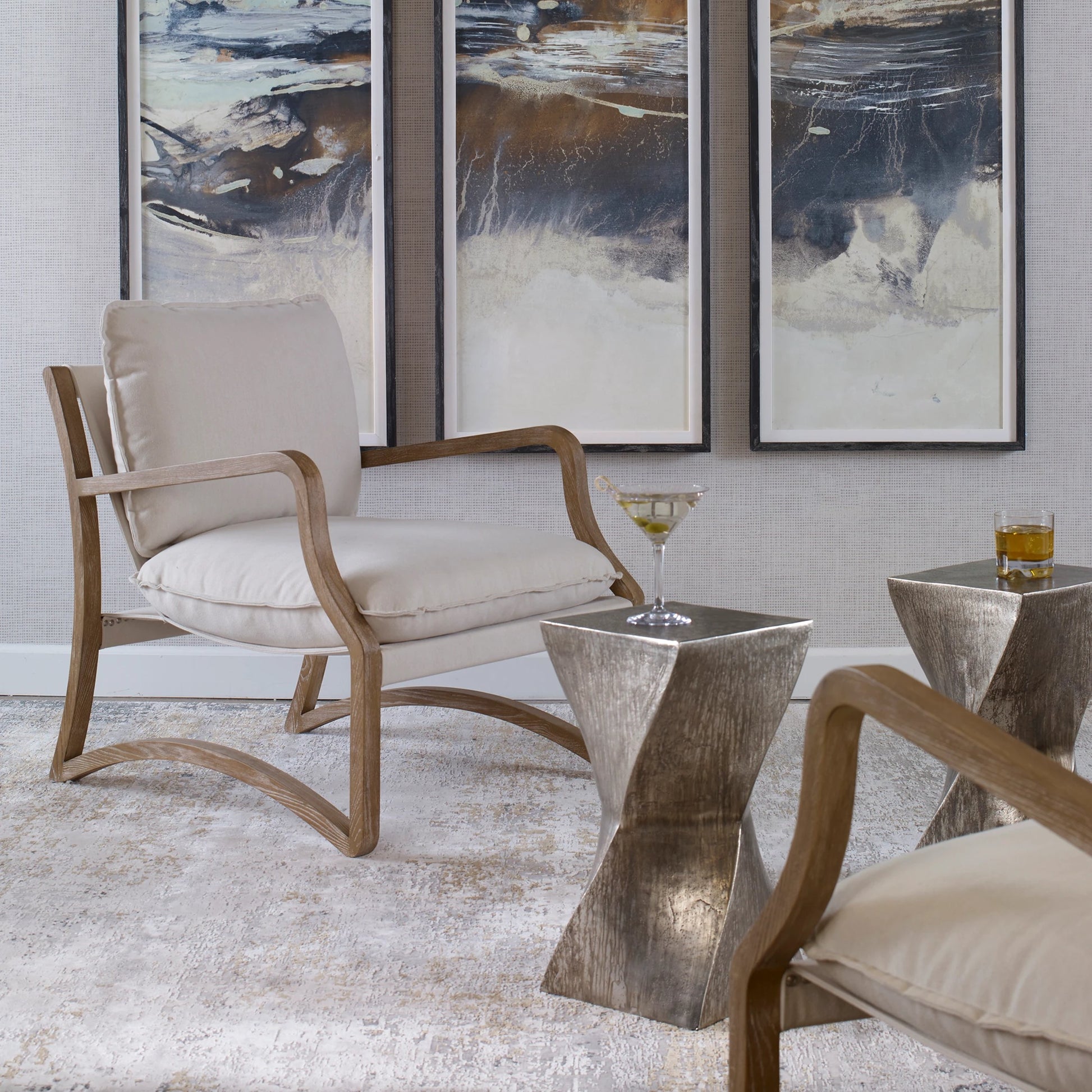 Melora Accent Chair by Uttermost in ceruse oak. Made from oak solid wood, fabric, metal, foam in a modern style.