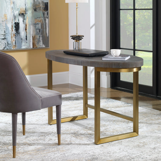 Taja Oval Desk by Uttermost in dark walnut, gray. Made from mdf, acacia veneer, brushed stainless steel in a modern style.