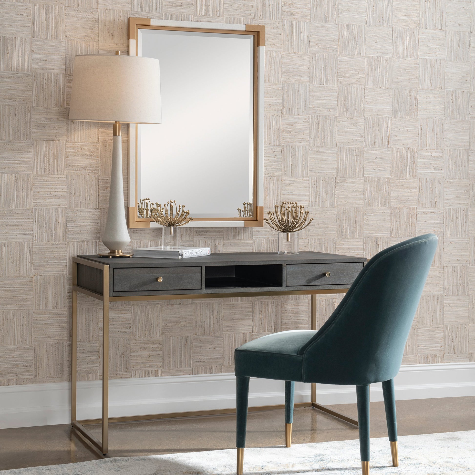 Taja Writing Desk by Uttermost in dark walnut, gray. Made from mdf, acacia veneer, stainless steel in a modern style.
