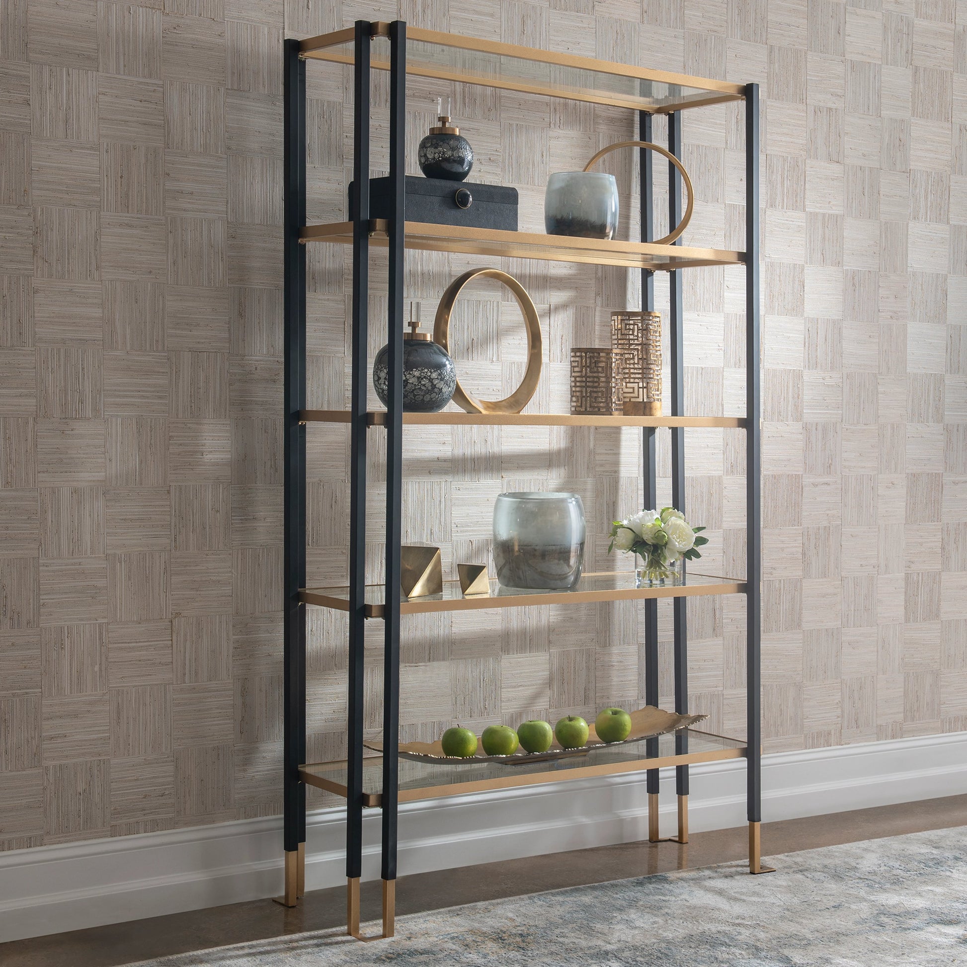 Kentmore Etagere by Uttermost in matte black, brushed gold. Made from iron, tempered glass in a modern style.