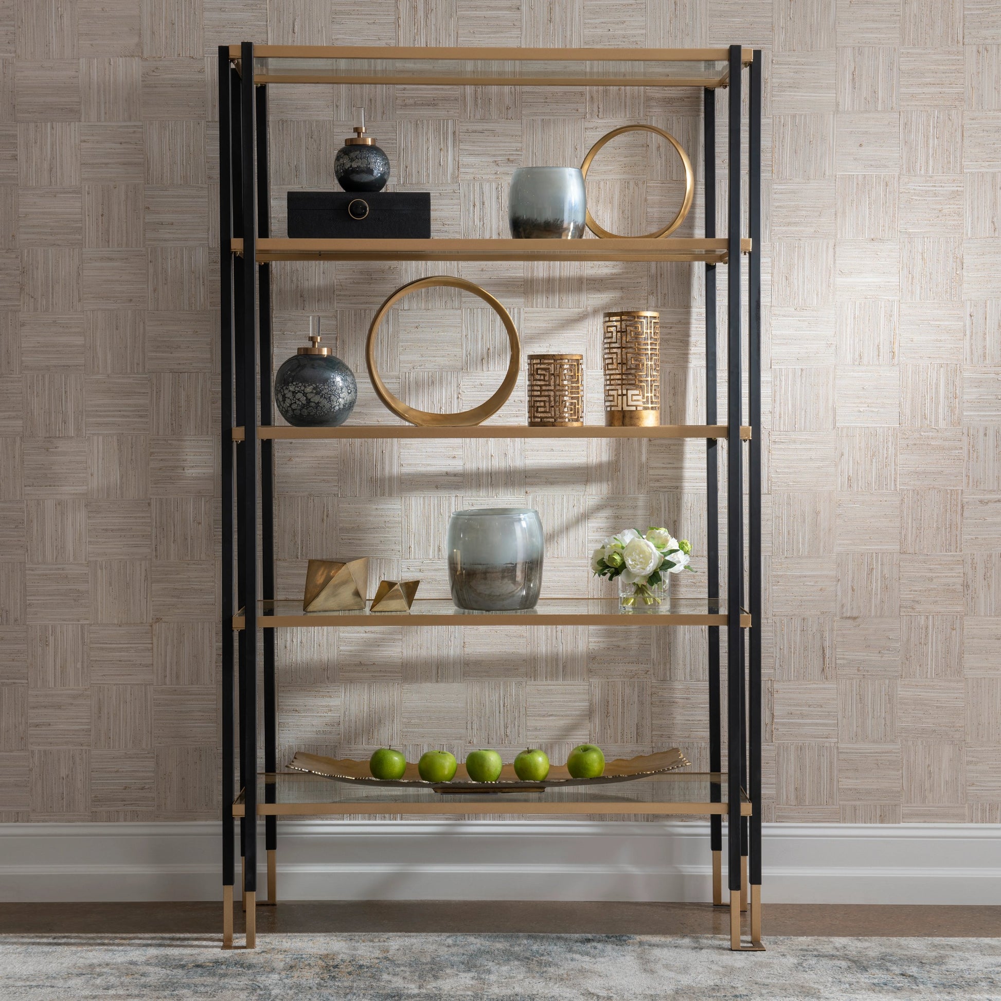Kentmore Etagere by Uttermost in matte black, brushed gold. Made from iron, tempered glass in a modern style.