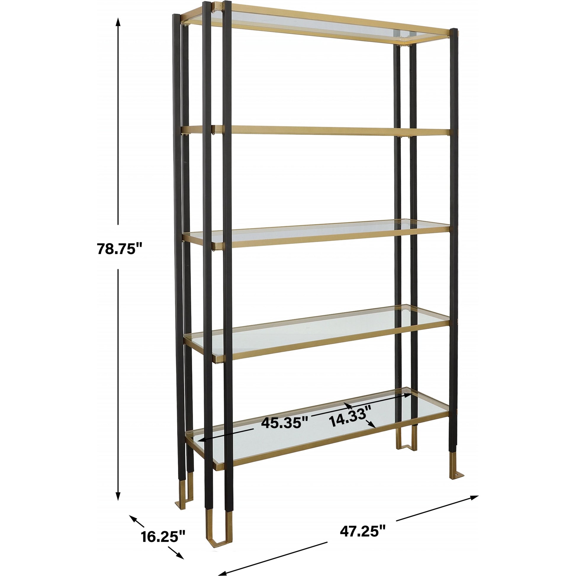 Kentmore Etagere by Uttermost in matte black, brushed gold. Made from iron, tempered glass in a modern style.