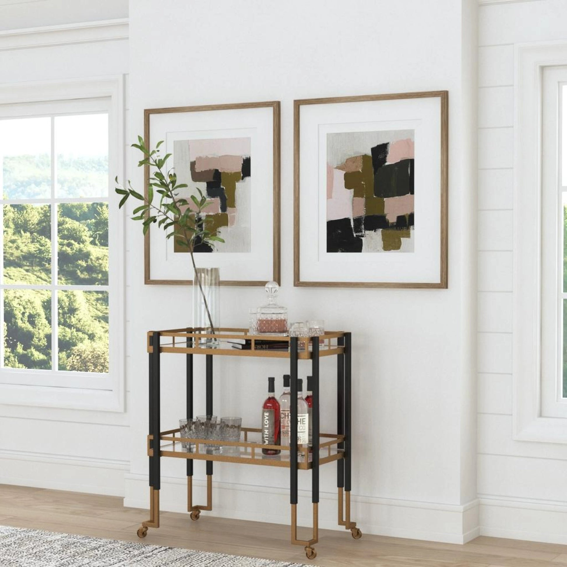 Kentmore Bar Cart by Uttermost in matte black, brushed gold. Made from iron, tempered glass in a modern style.