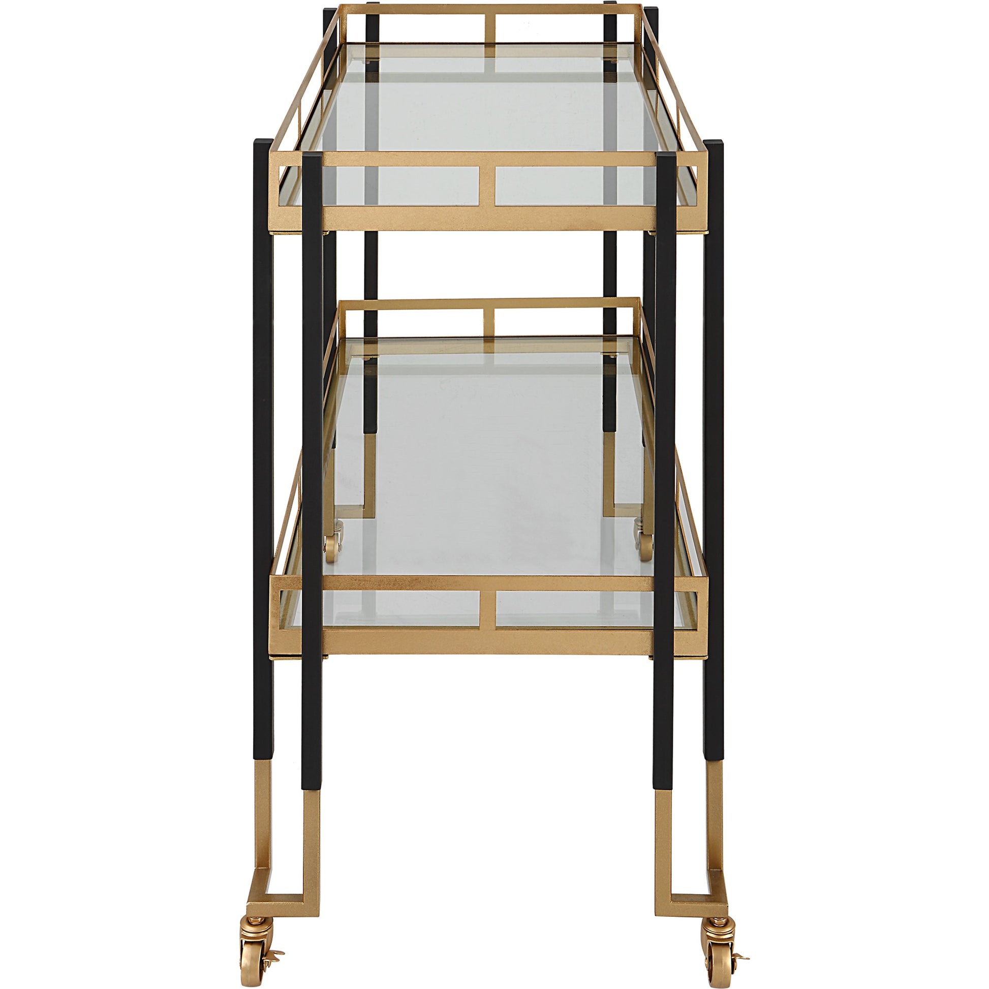 Kentmore Bar Cart by Uttermost in matte black, brushed gold. Made from iron, tempered glass in a modern style.
