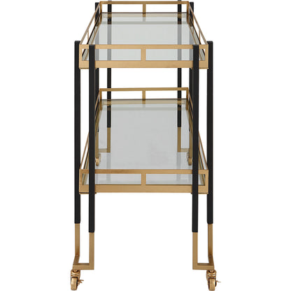 Kentmore Bar Cart by Uttermost in matte black, brushed gold. Made from iron, tempered glass in a modern style.