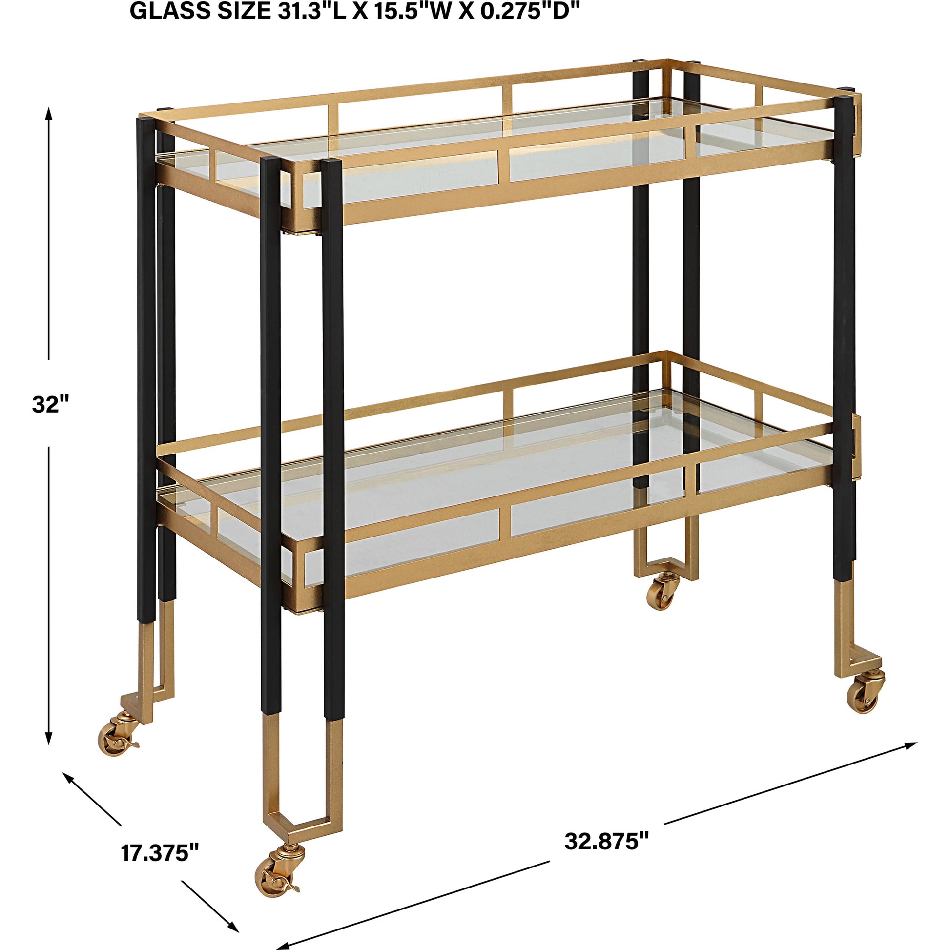 Kentmore Bar Cart by Uttermost in matte black, brushed gold. Made from iron, tempered glass in a modern style.