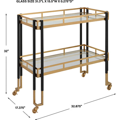 Kentmore Bar Cart by Uttermost in matte black, brushed gold. Made from iron, tempered glass in a modern style.