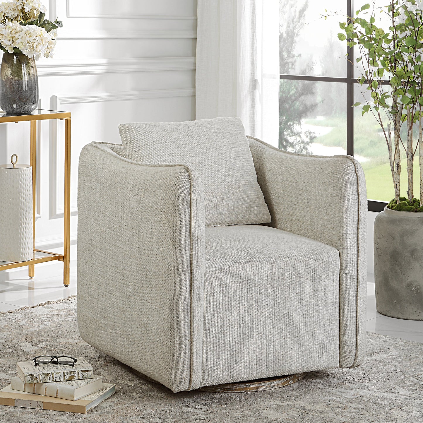 009 SI-1981306 | Lifestyle | Corben Swivel Armchair by Uttermost in gray. Made from hardwood, plywood, fabric, foam in a modern style.