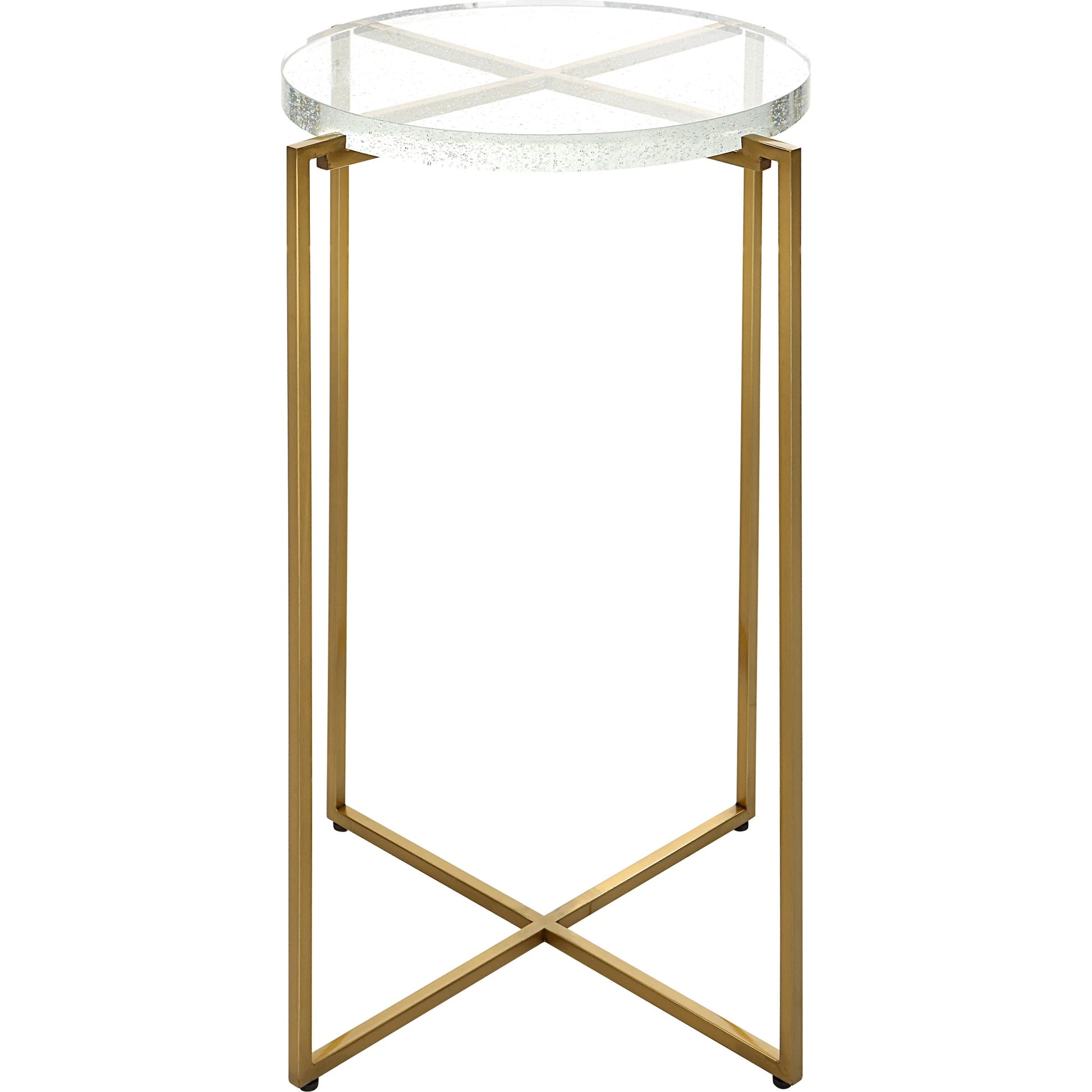 Star-Crossed Accent Table by Uttermost in gold. Made from seeded thick glass, stainless steel in a modern style.