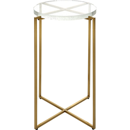 Star-Crossed Accent Table by Uttermost in gold. Made from seeded thick glass, stainless steel in a modern style.