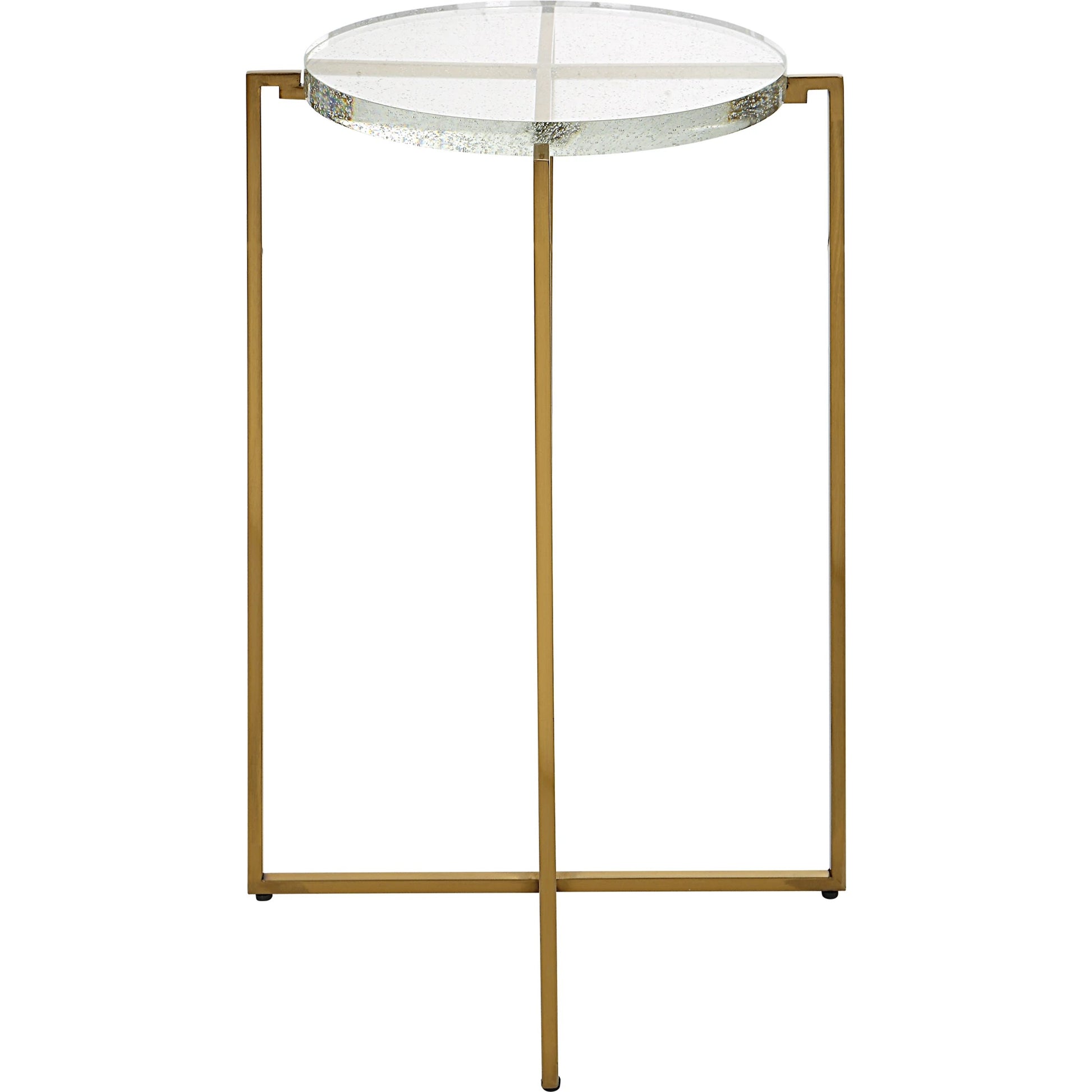 Star-Crossed Accent Table by Uttermost in gold. Made from seeded thick glass, stainless steel in a modern style.