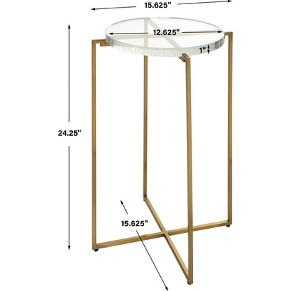 Star-Crossed Accent Table by Uttermost in gold. Made from seeded thick glass, stainless steel in a modern style.